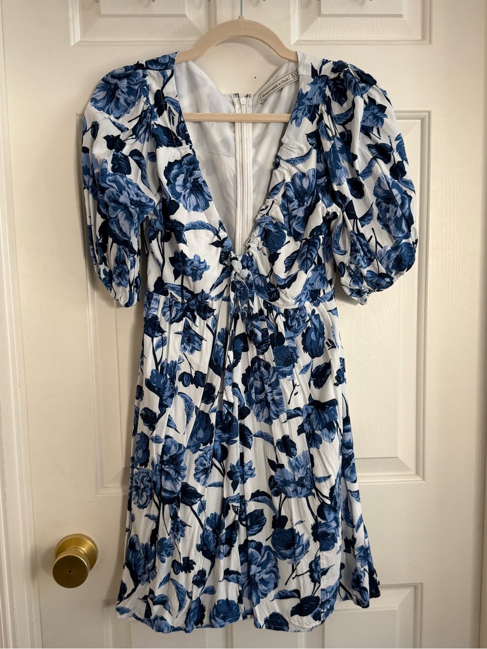 Abercrombie & Fitch White Puff Sleeve Mini Dress with Blue Floral Print